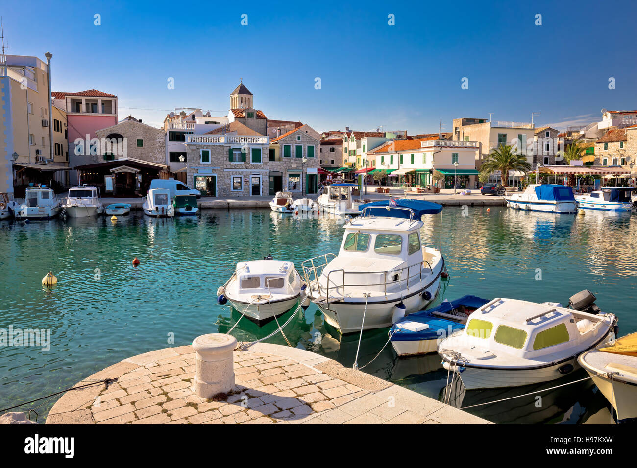 Town of Vodice tourist waterfront view, Dalmatia, Croatia Stock Photo
