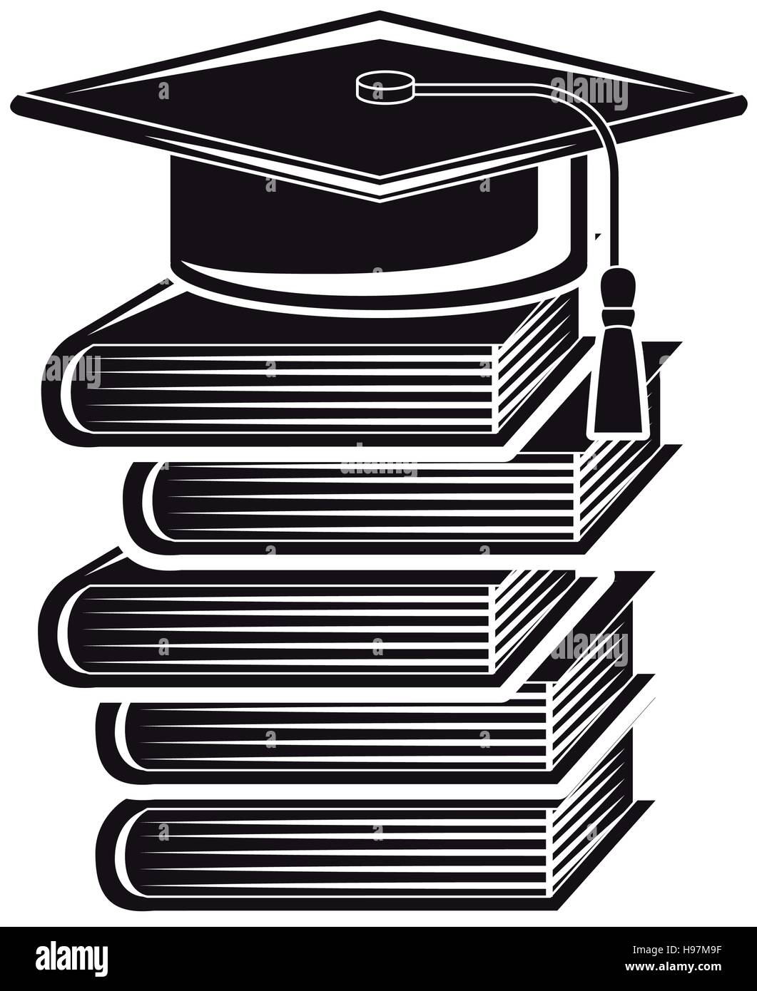 black silhouette graduation cap with stacked books vector illustration Stock Vector