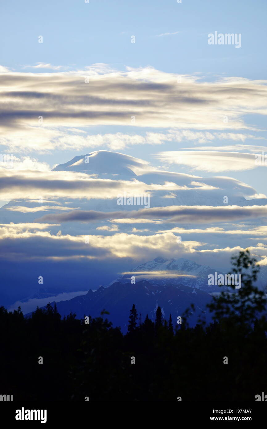 A scenic view of the Denali (Mount McKinley) from the Mt. McKinley Princess Wilderness Lodge, Denali State Park, Alaska Stock Photo