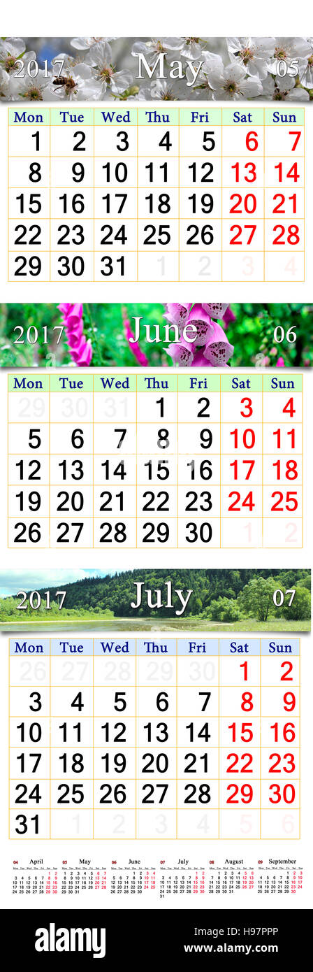 wall calendar for three months May June and July 2017 with images of ...