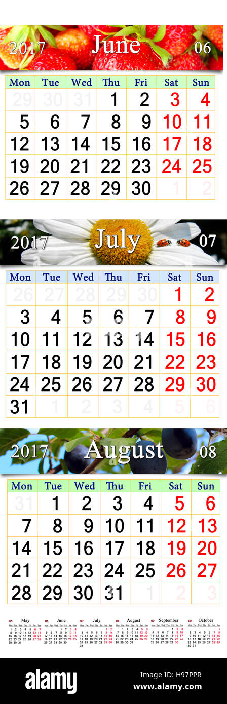 office calendar for three months June July and August 2017 with ...