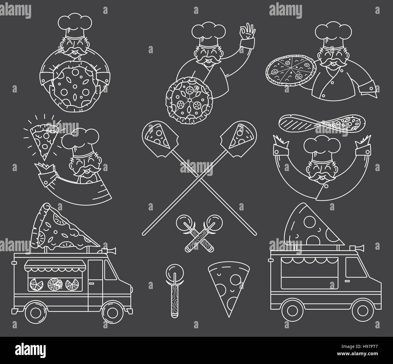 Vector white on black Pizza bundle for any use Stock Vector