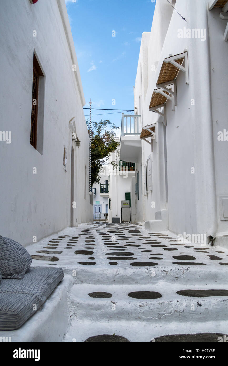 Traditional streets and houses at Mykonos island in Greece. Stock Photo