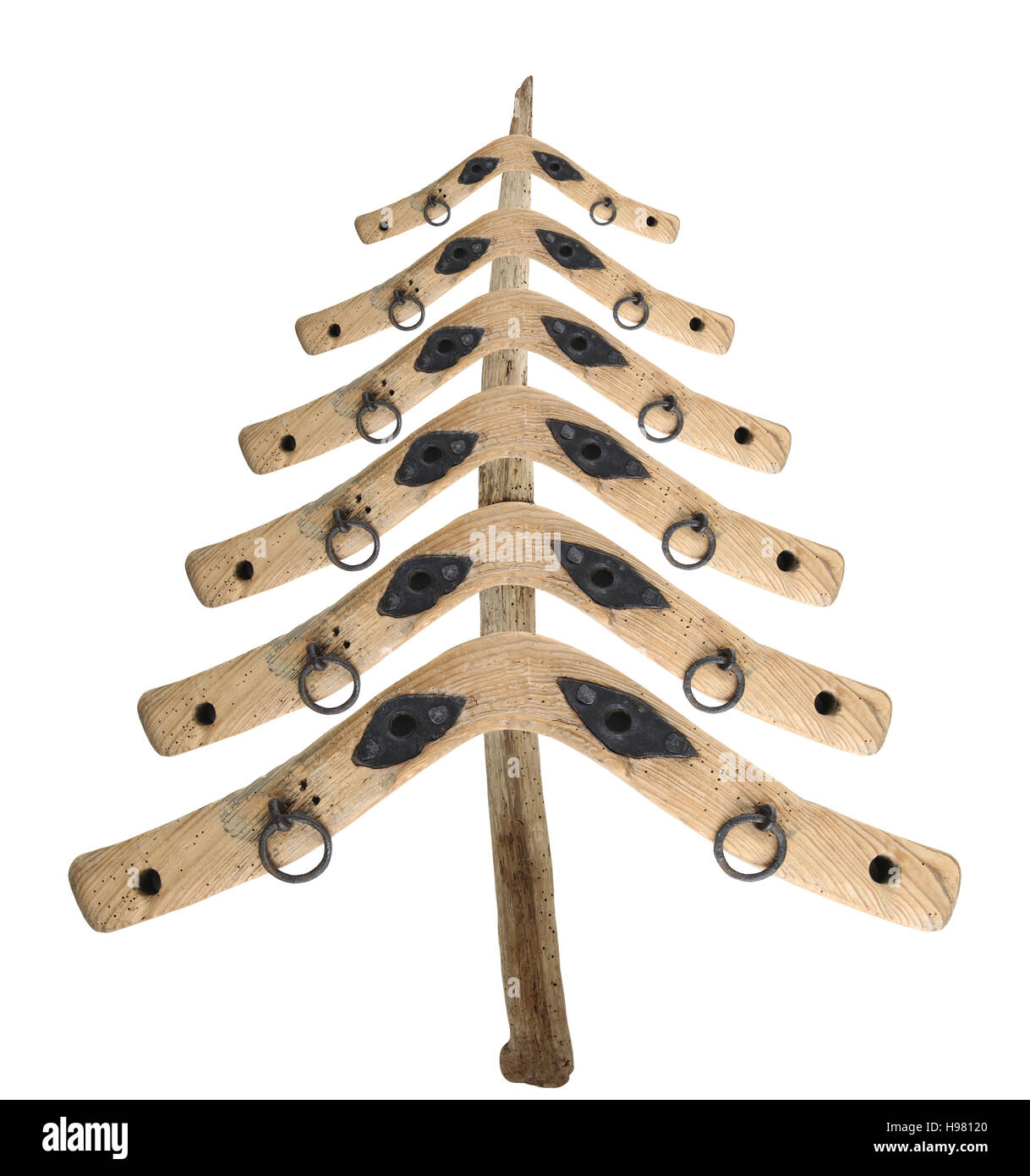 Bizarre Christmas tree from the old yokes of a piece of wood on white background Stock Photo