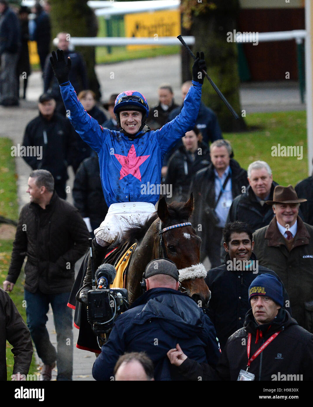 Jockey Paddy Brennan celebrates after riding Cue Card to victory in the
