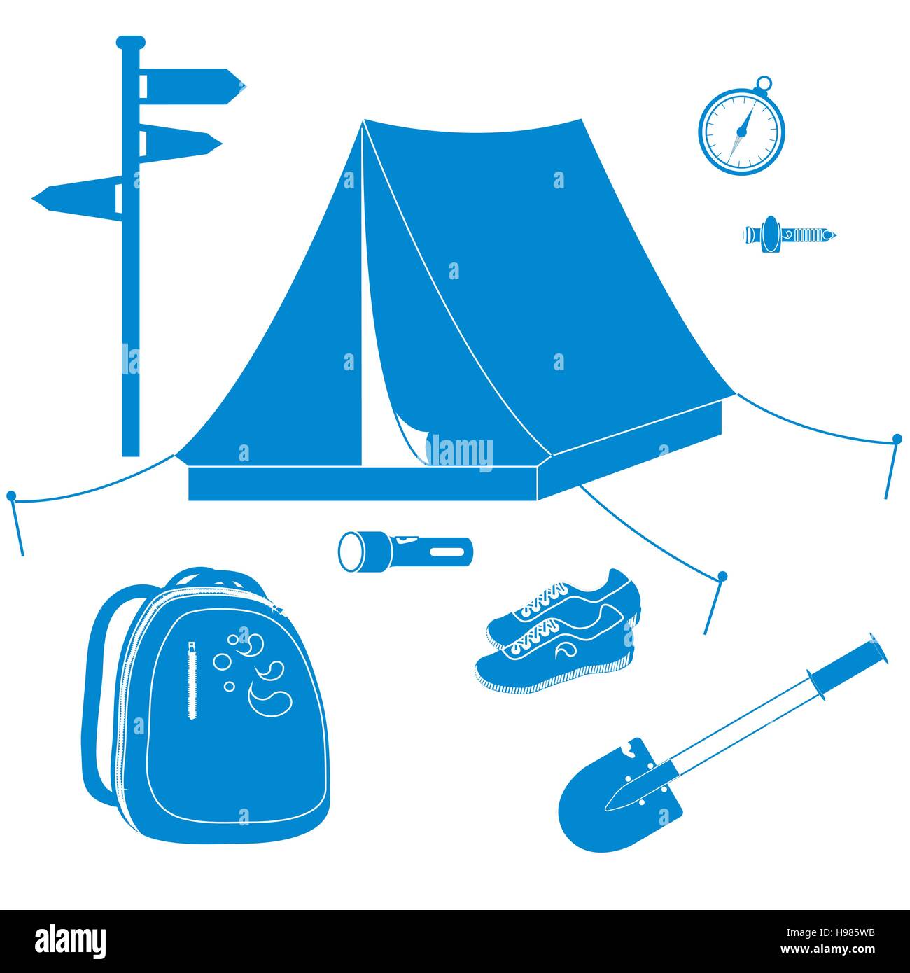 Set of stylized icons of tourist equipment and accessories on a white ...