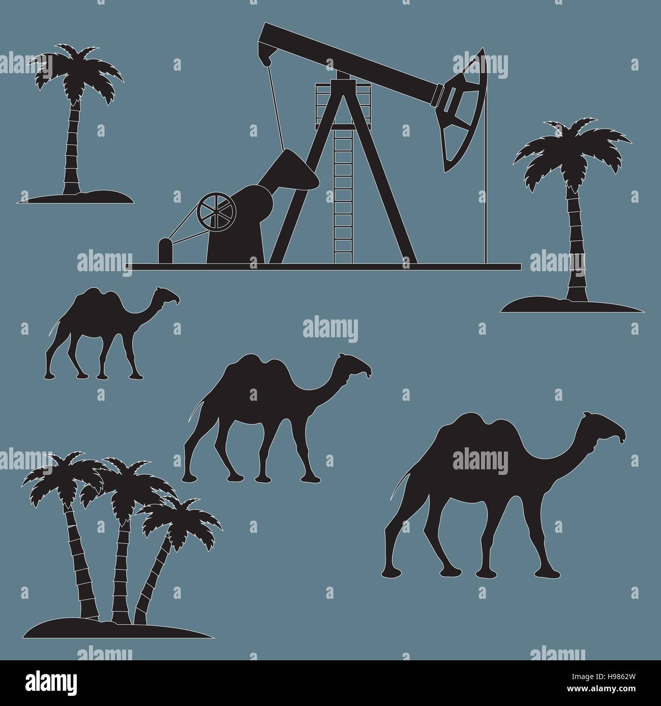 Stylized Icon Of The Equipment For Oil Production On A Color Background With Palm Trees And