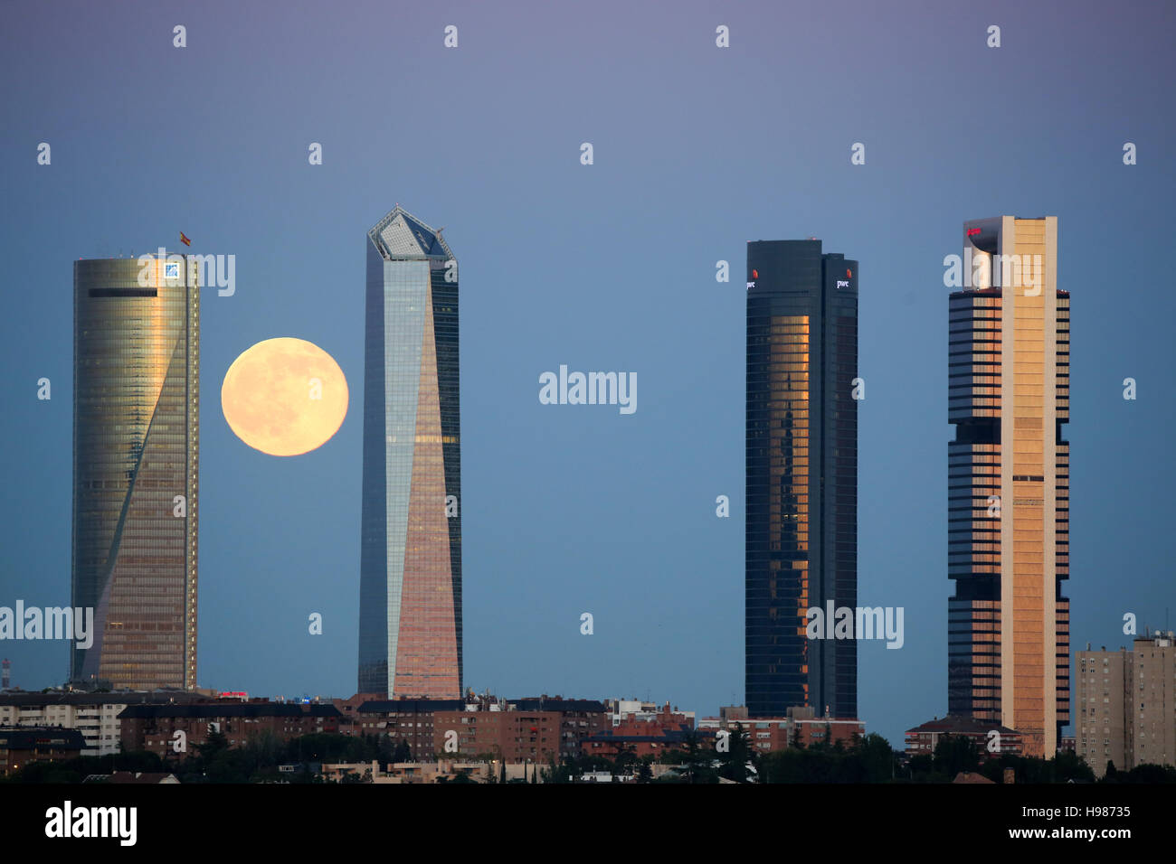 Madrid, Spain financial district skyline with full moon Stock Photo