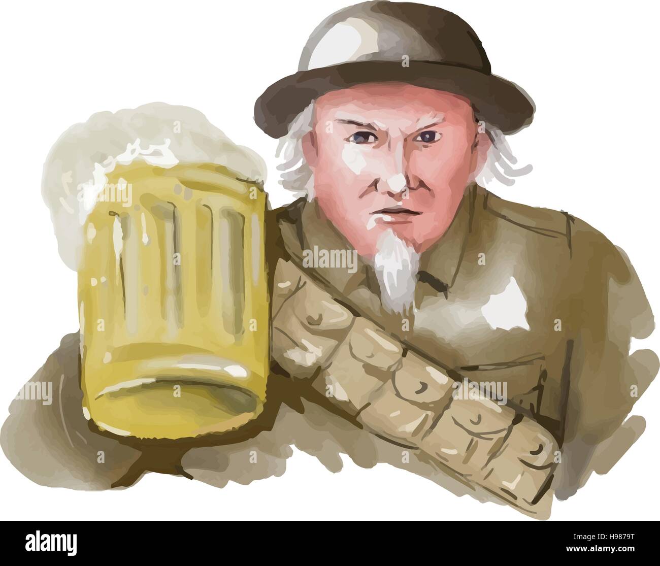 Watercolor style illustration of Uncle Sam as soldier wearing World War one 1 uniform toasting a mug of beer viewed from front on isolated white backg Stock Vector