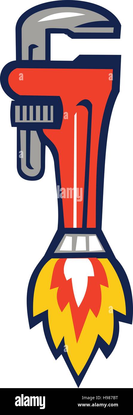 Illustration of a pipe wrench rocket booster set on isolated white background viewed from the side done in retro style. Stock Vector