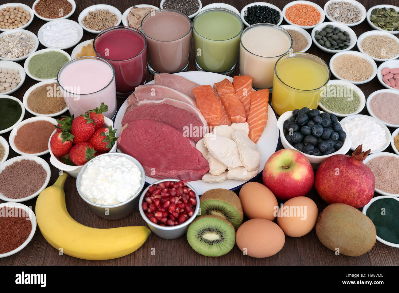 Body building  food and drinks including high protein foods and supplement powders. Stock Photo