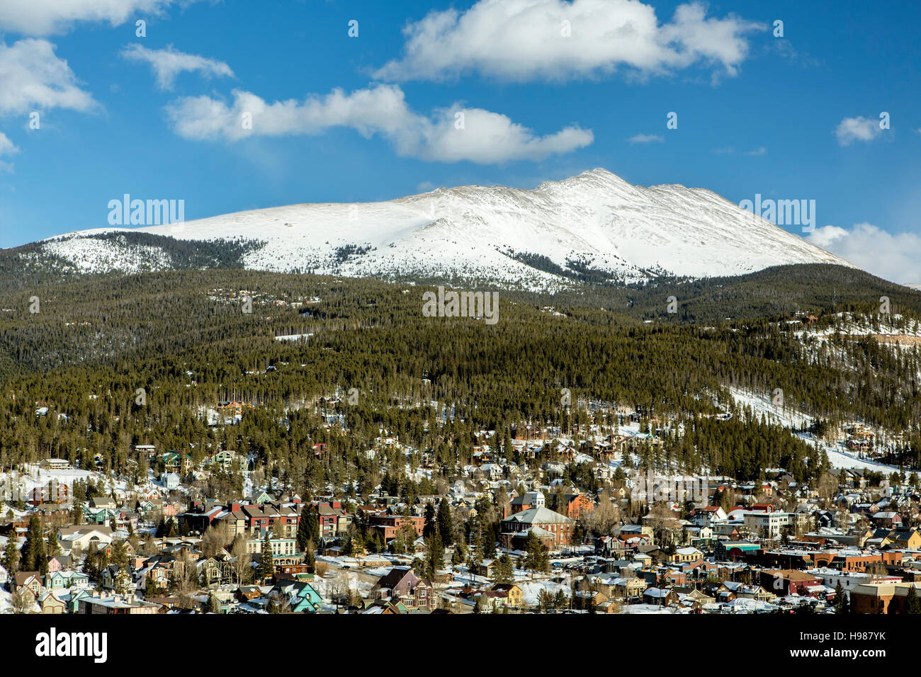 Snow-covered Bald Mountain and Breckenridge, Colorado USA Stock Photo