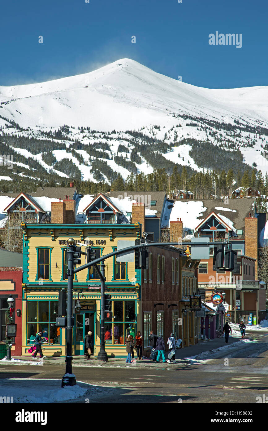 Snow-covered Peak 8, ski area and buildings on Main street, Breckenridge, Colorado USA Stock Photo
