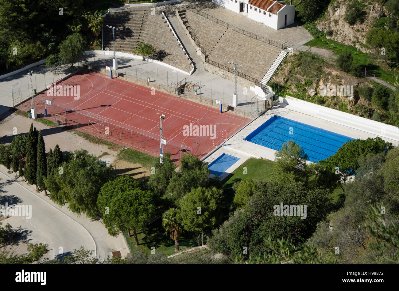 Aerial view of tennis court, basket ball field, soccer and swimming pools. Spain. Stock Photo