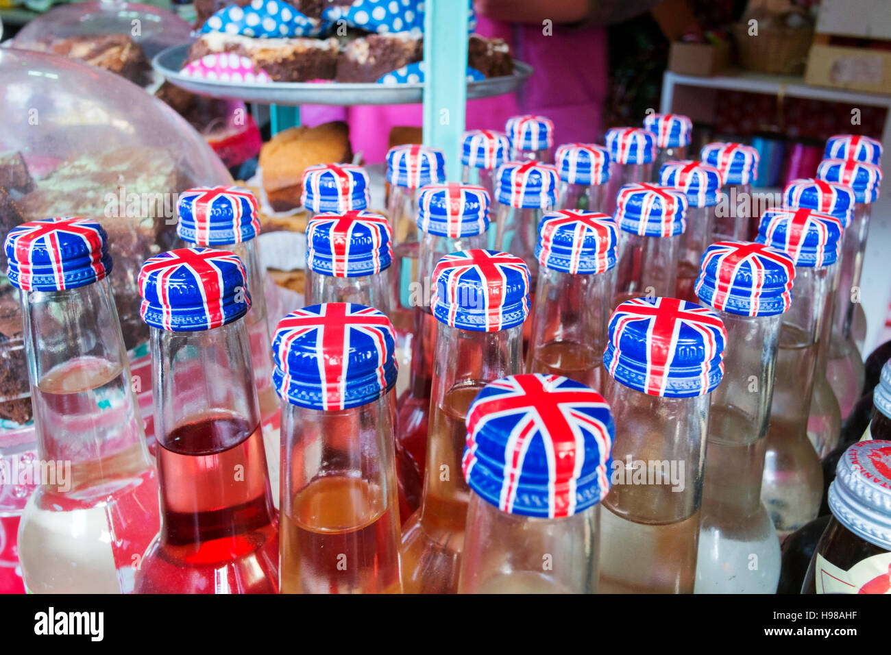 Union Jack twist caps on bottles at Liverpool Christmas markets, Merseyside, UK. Stock Photo