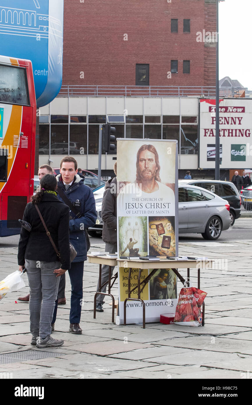 The Mormon church or Latter day Saints promoting their religion on the streets of Liverpool, Merseyside, UK. Stock Photo