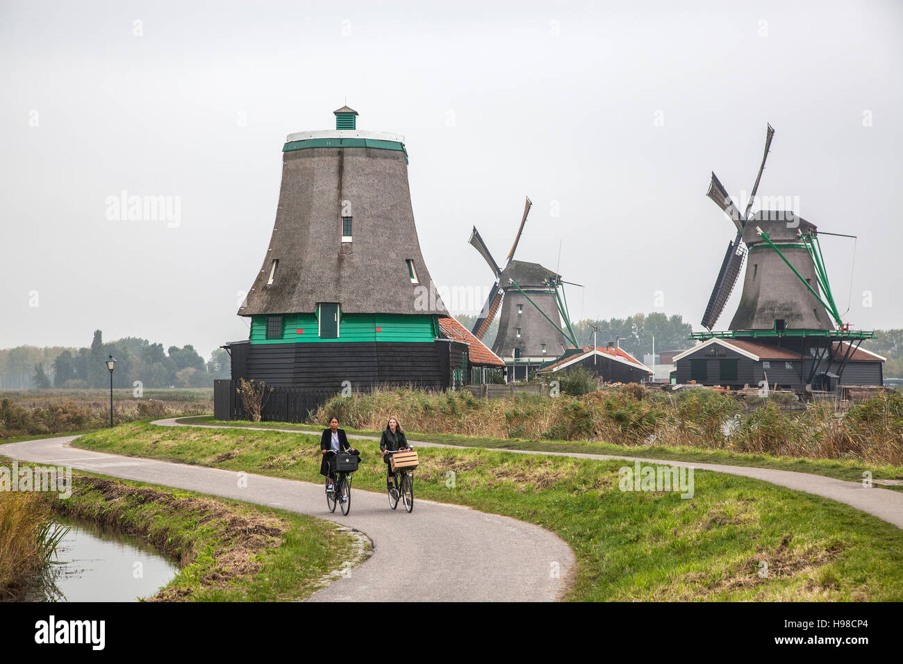 Unique old, authentic, real working windmills in the suburbs of Amsterdam, the Netherlands Stock Photo