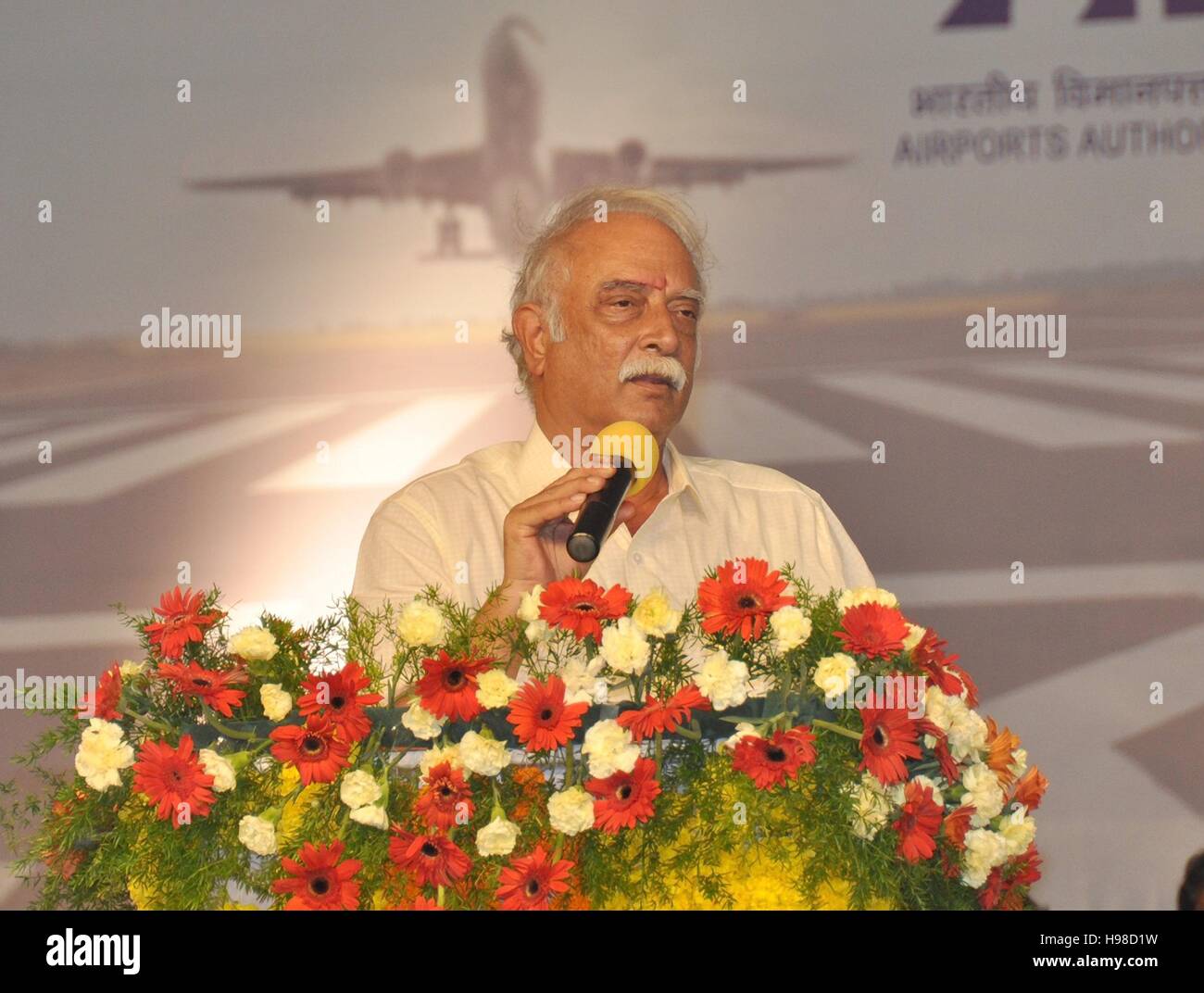 Indian Union Minister for Civil Aviation, Ashok Gajapathi Raju Pusapati addresses a gathering at the foundation stone laying ceremony for the Extension of the Runway at Rajahmundry Airport September 19, 2016 in Rajahmundry, Andhra Pradesh, India. Stock Photo