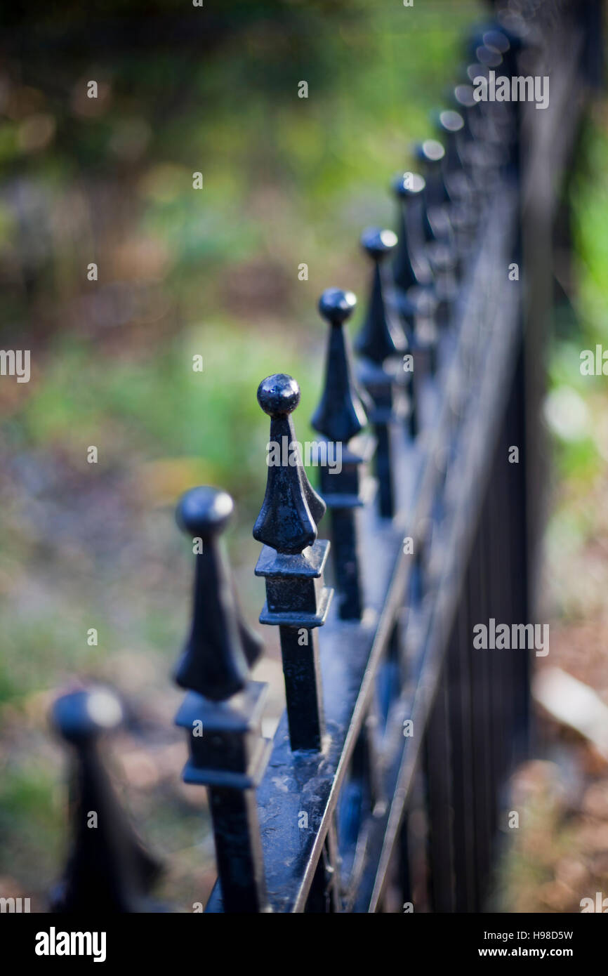Close-up of black wrought iron fence Stock Photo