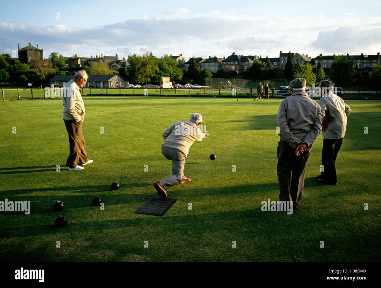 Male senior citizens playing game of Bowls, Masham, Yorkshire, England, United Kingdom, 1985 Stock Photo