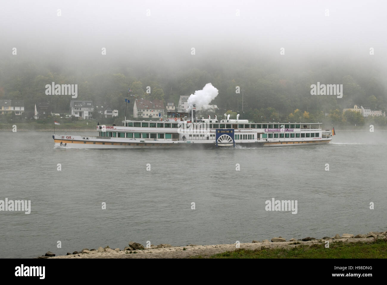 Paddle steam ship Goethe, the last one on the Rhine during the final weeks of operation under steam, seen arriving at Lahnstein Stock Photo