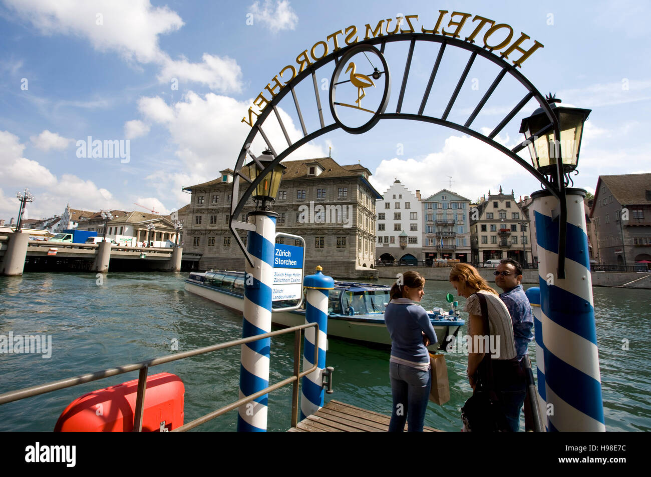 Pier at Hotel Zum Storchen, passengers, cruise vessel, Wuehre, Zurich, Switzerland, Europe Stock Photo