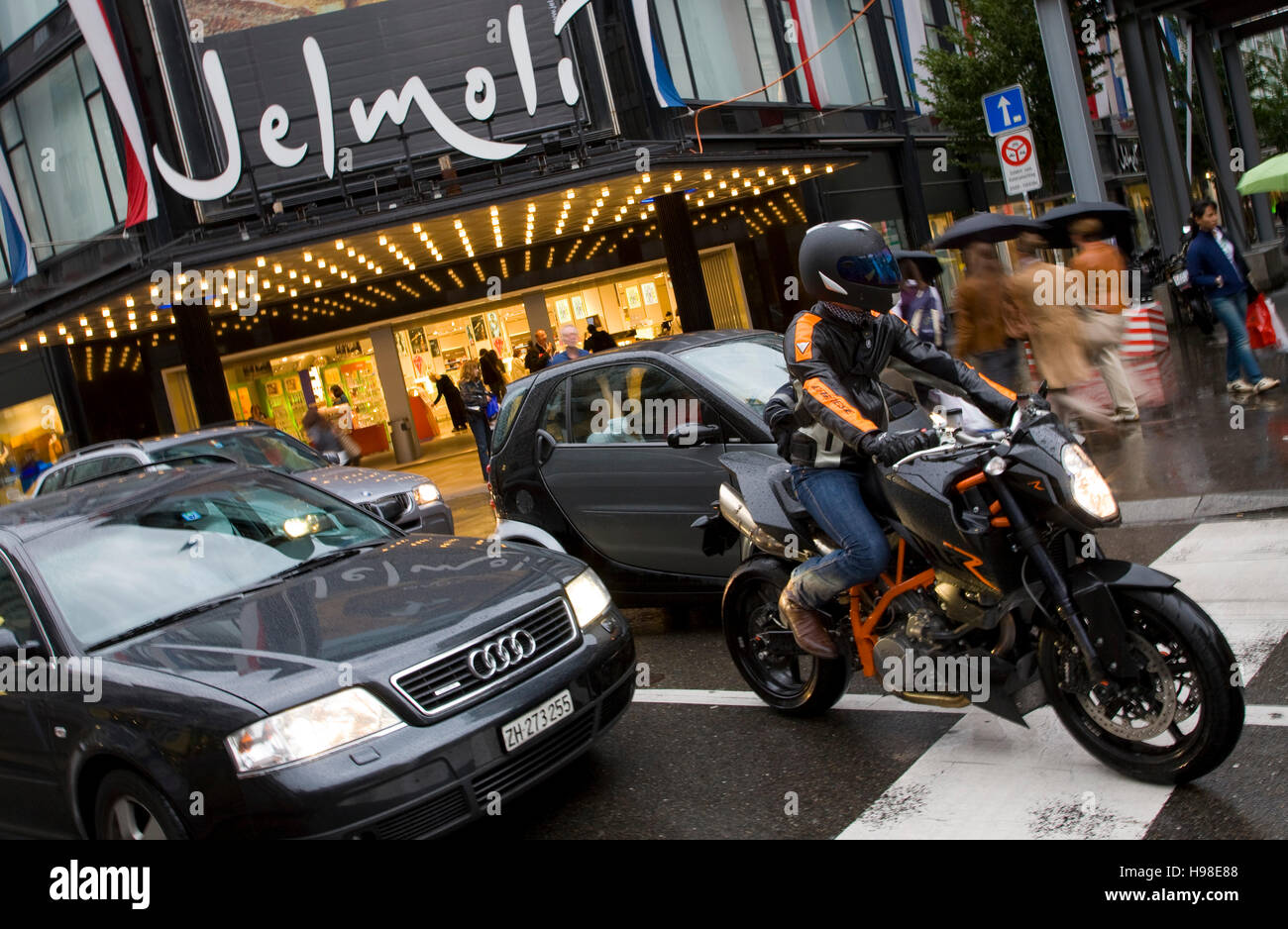 Traffic in front of Jelmoli department store, cars, motorbike, Zurich, Switzerland, Europe Stock Photo
