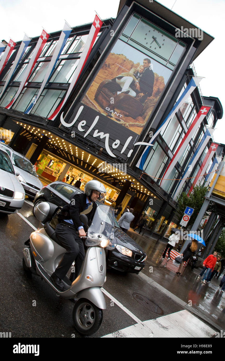 Traffic in front of Jelmoli department store, cars, motor scooter, Zurich, Switzerland, Europe Stock Photo
