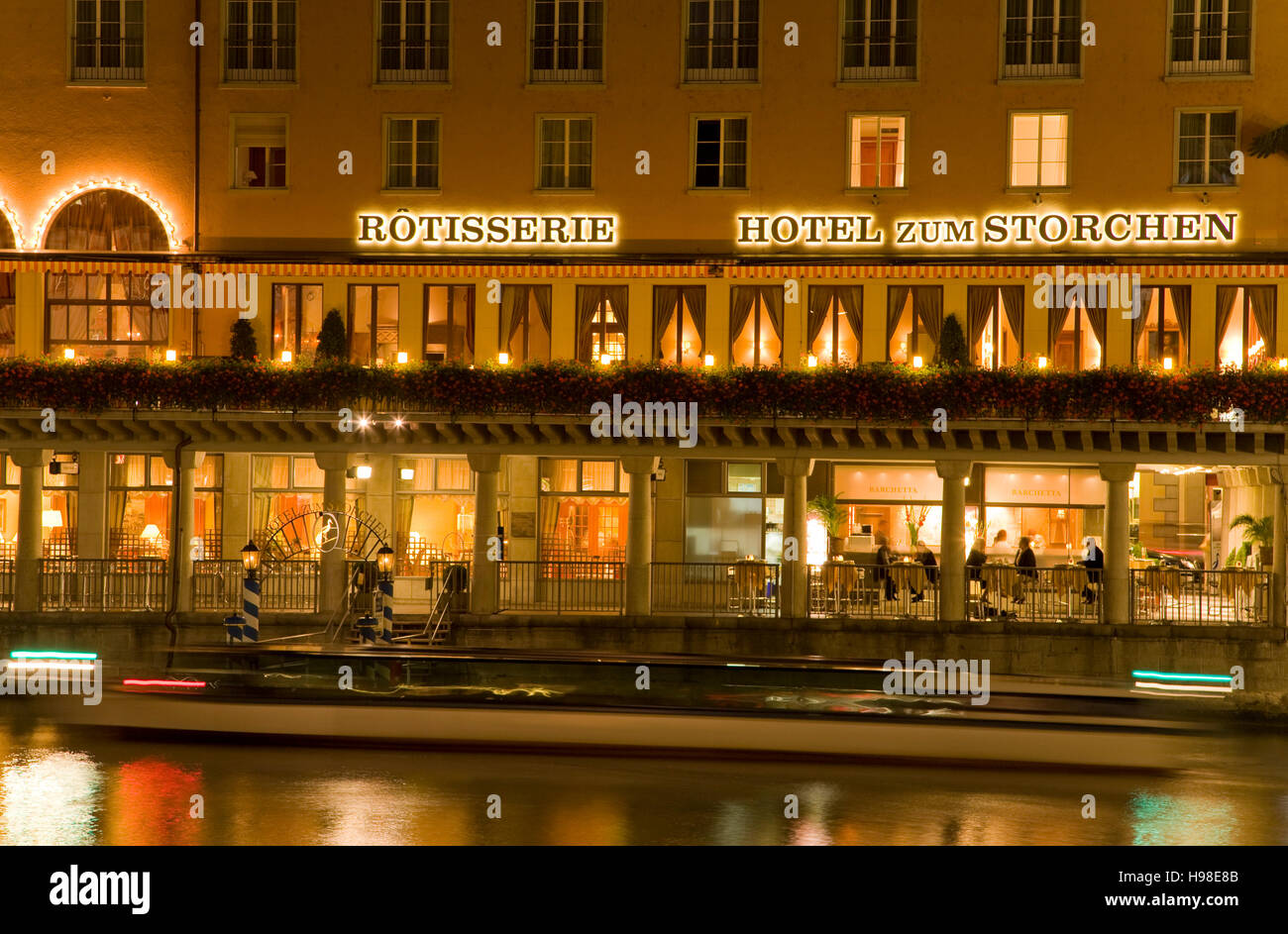 Restaurant Hotel zum Storchen in the evening, cruise vessel, Wuehre, Zurich, Switzerland, Europe Stock Photo
