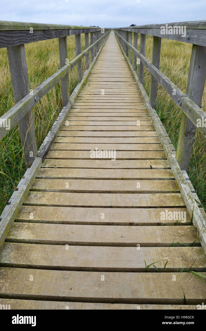 Wooden boardwalk crossing the salt marsh at Newtown Creek, Newtown Harbour, Isle of Wight Stock Photo