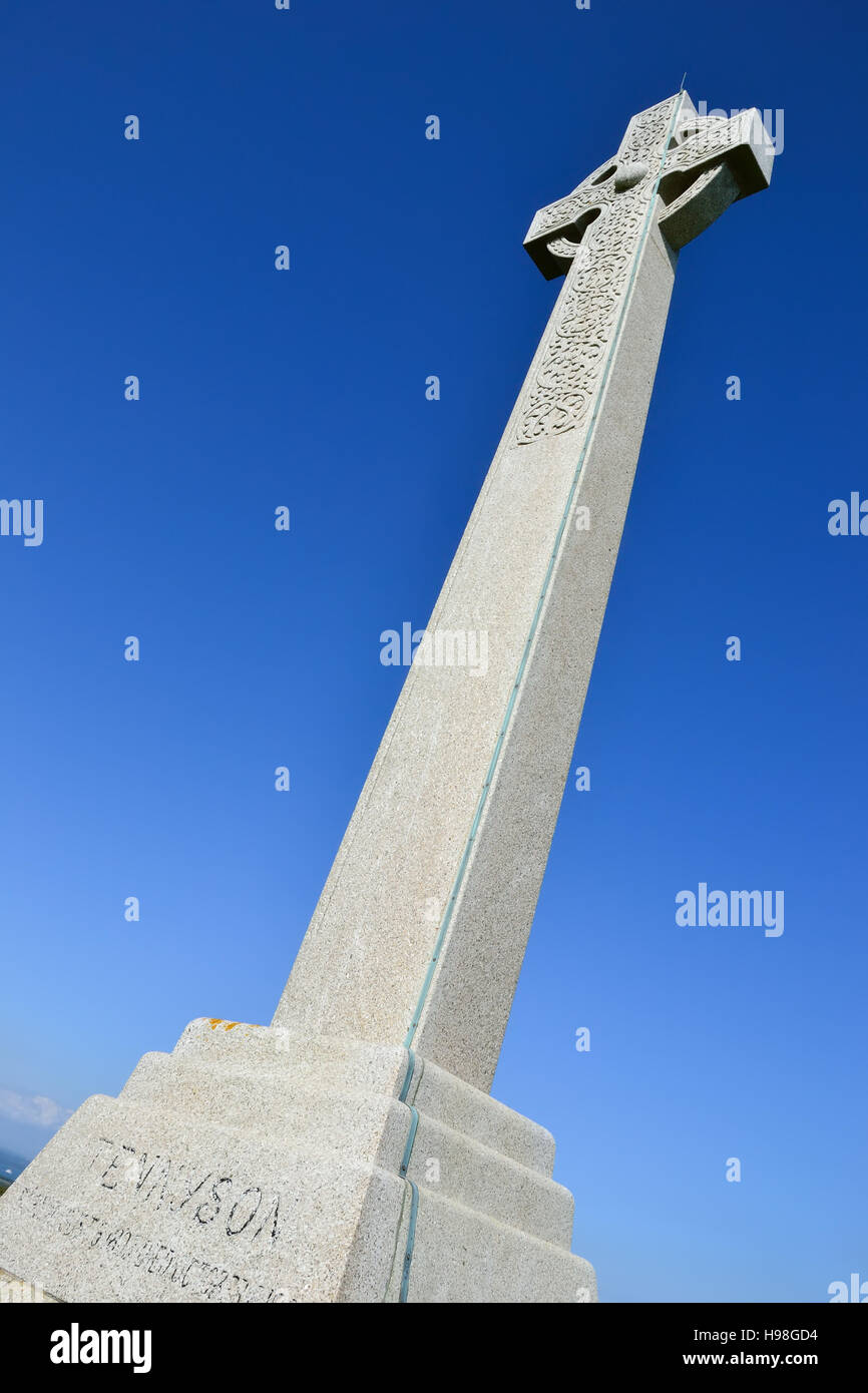 The Tennyson Monument on Tennyson Down, Isle of Wight commemorates Alfred, Lord Tennyson, the Victorian Poet Laureate. Stock Photo