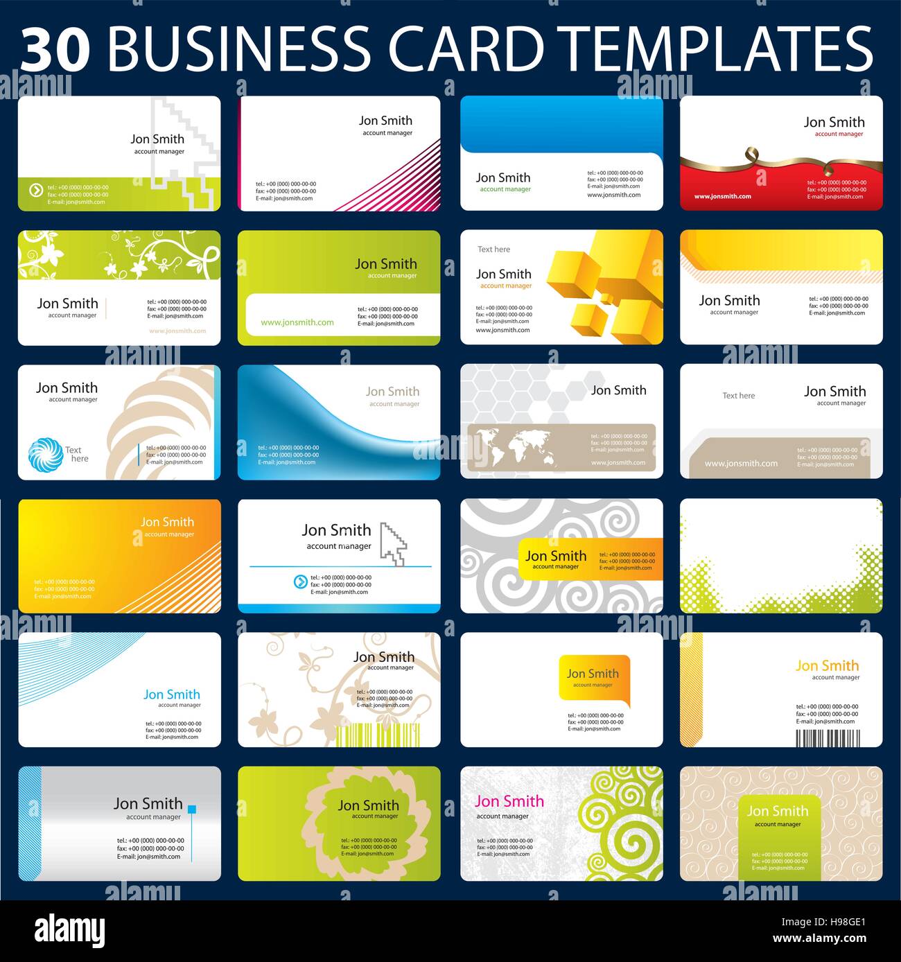 30 colorful business card template. Vector illustration, EPS 10 Stock Vector