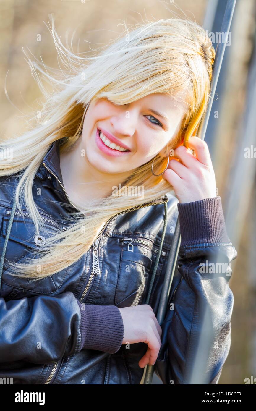 Beautiful Teen Girl Blowing Blow Wind Windy Day Flying Blonde Long Stock Photo Alamy