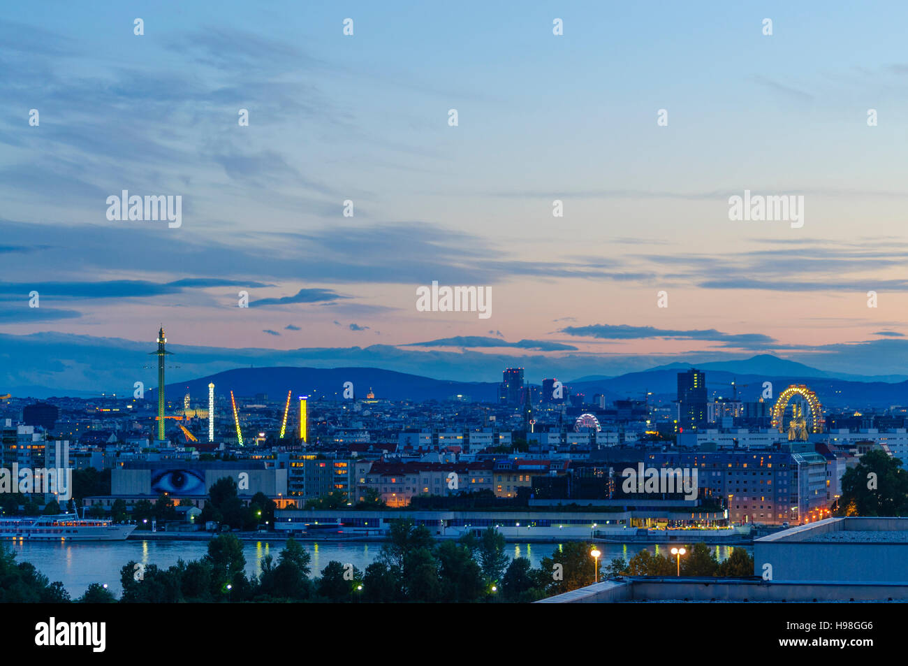 Wien, Vienna: Danube, Prater and high rises of Wienerberg (center), right behind the mountain Schneeberg, 22., Wien, Austria Stock Photo