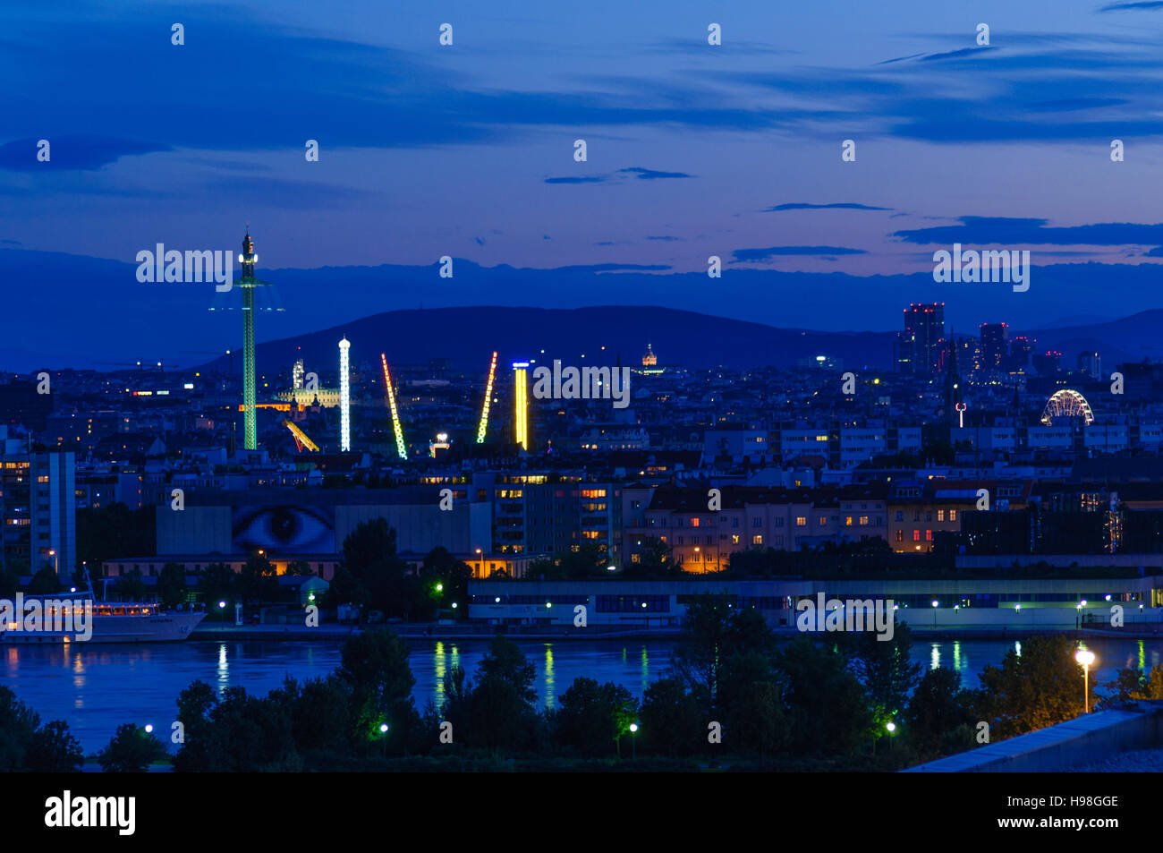 Wien, Vienna: Danube, Prater and high rises of Wienerberg, 22., Wien, Austria Stock Photo