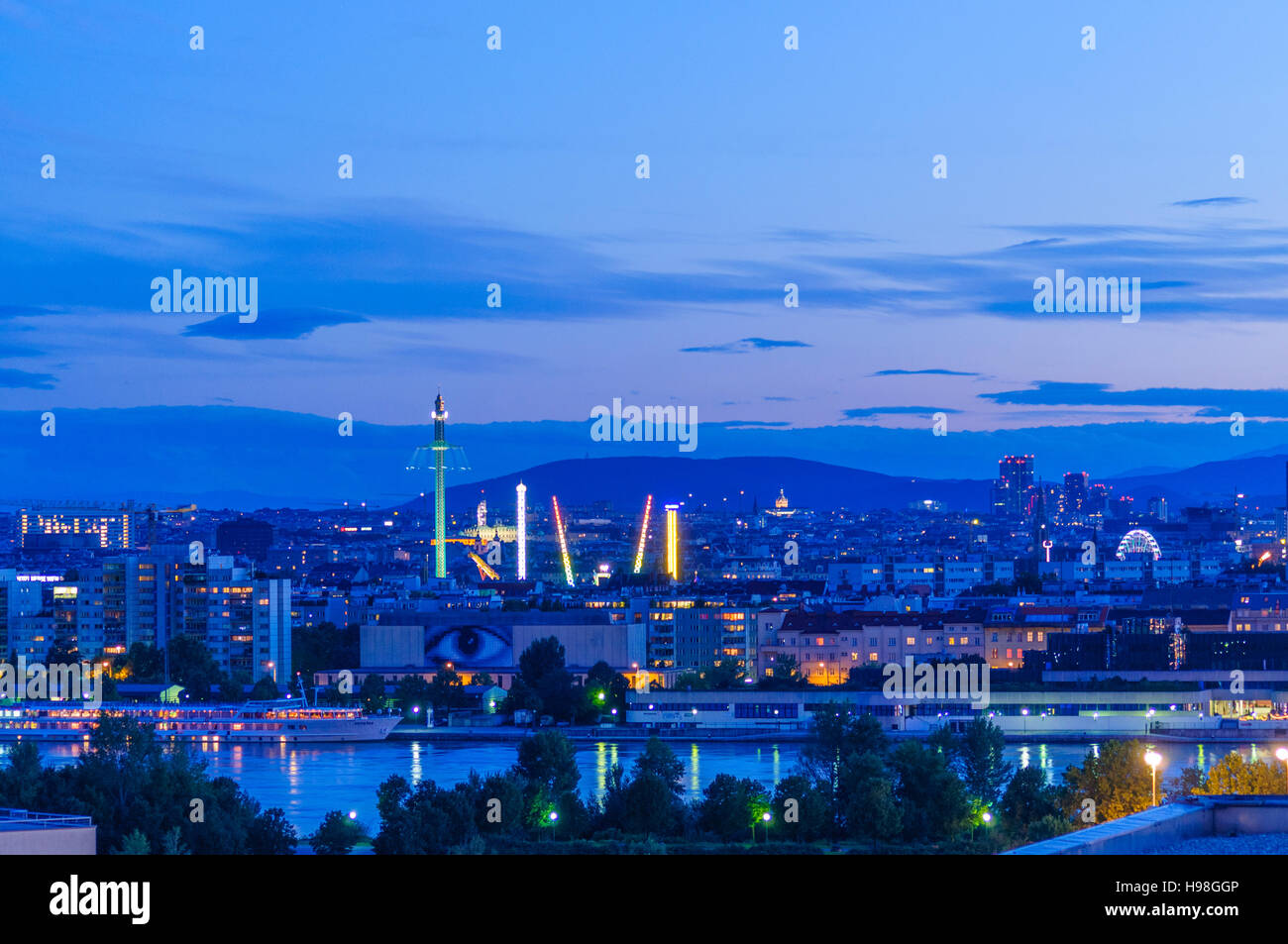 Wien, Vienna: Danube, Prater and high rises of Wienerberg, 22., Wien, Austria Stock Photo