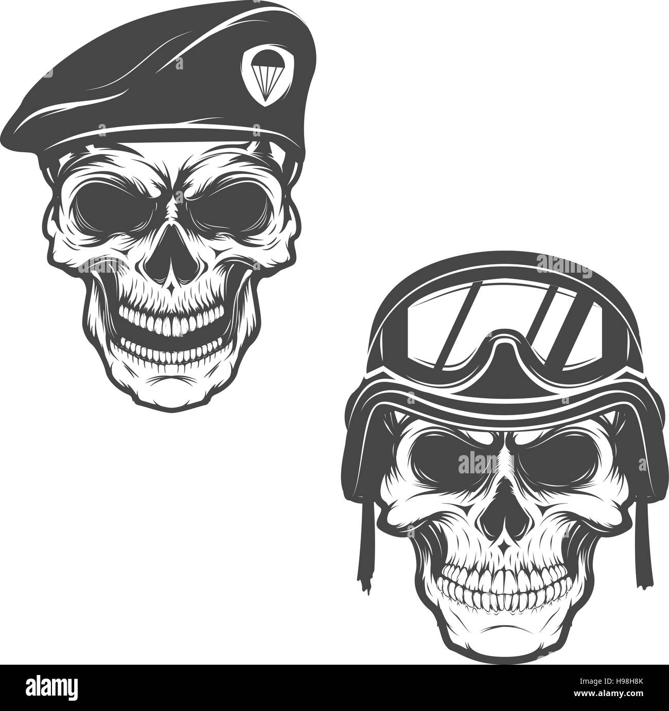 military skulls. Skull in paratrooper beret. Skull in soldier he Stock Vector