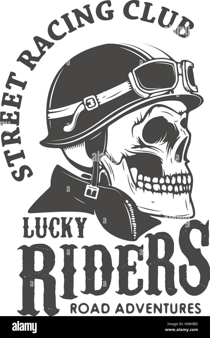 Lucky riders. Street racing club. Skull in racer helmet. Design Stock Vector