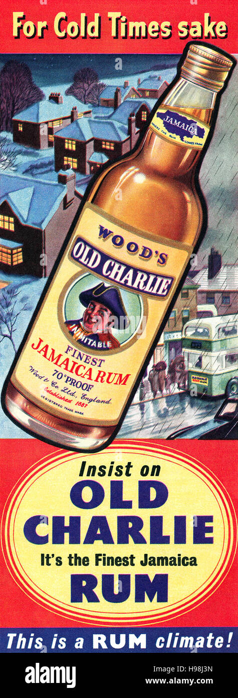 1955 British advertisement for Wood's Old Charlie Rum Stock Photo