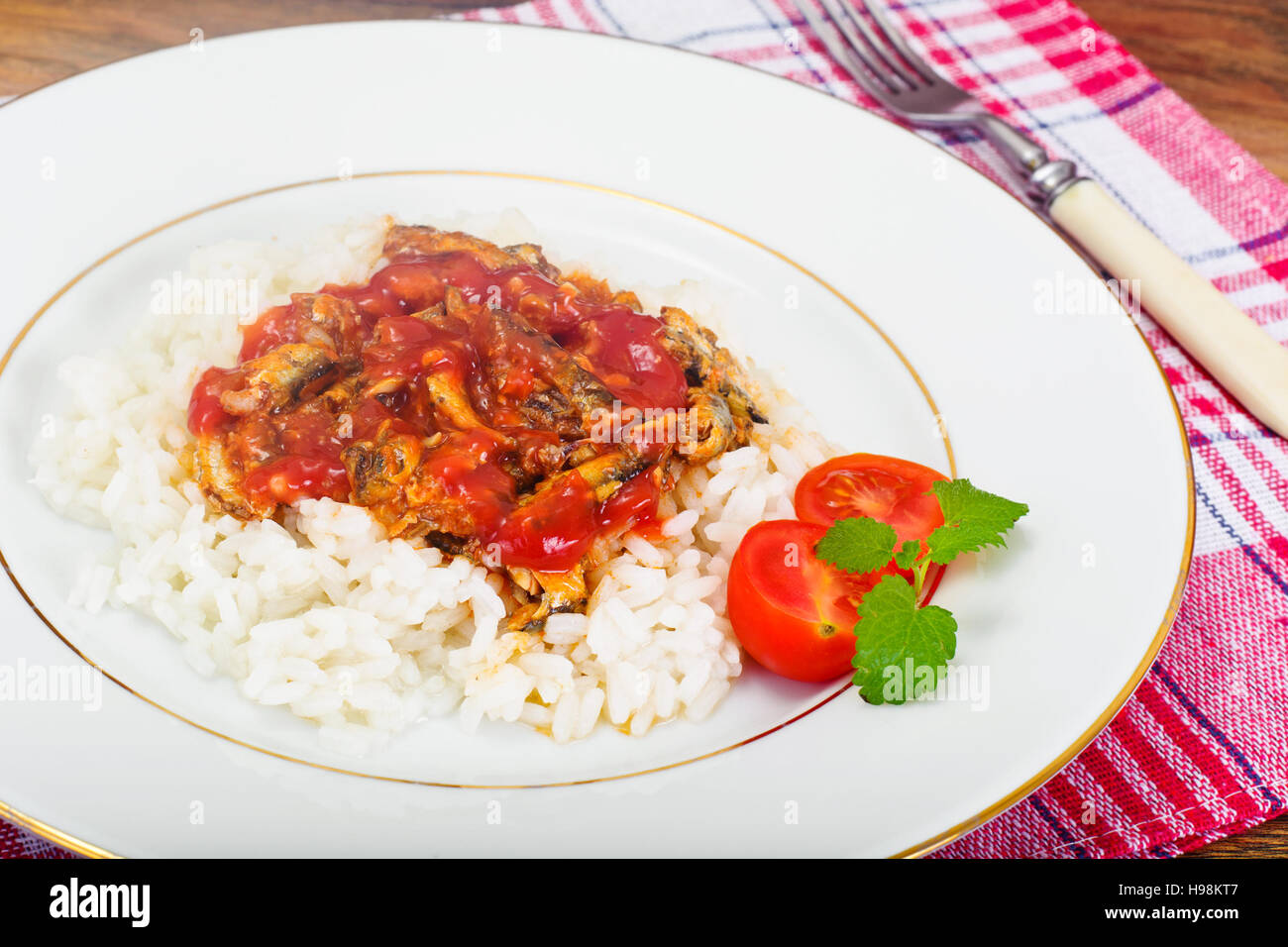 Rice with Canned Fish in Tomato Sauce Studio Photo Stock Photo Alamy