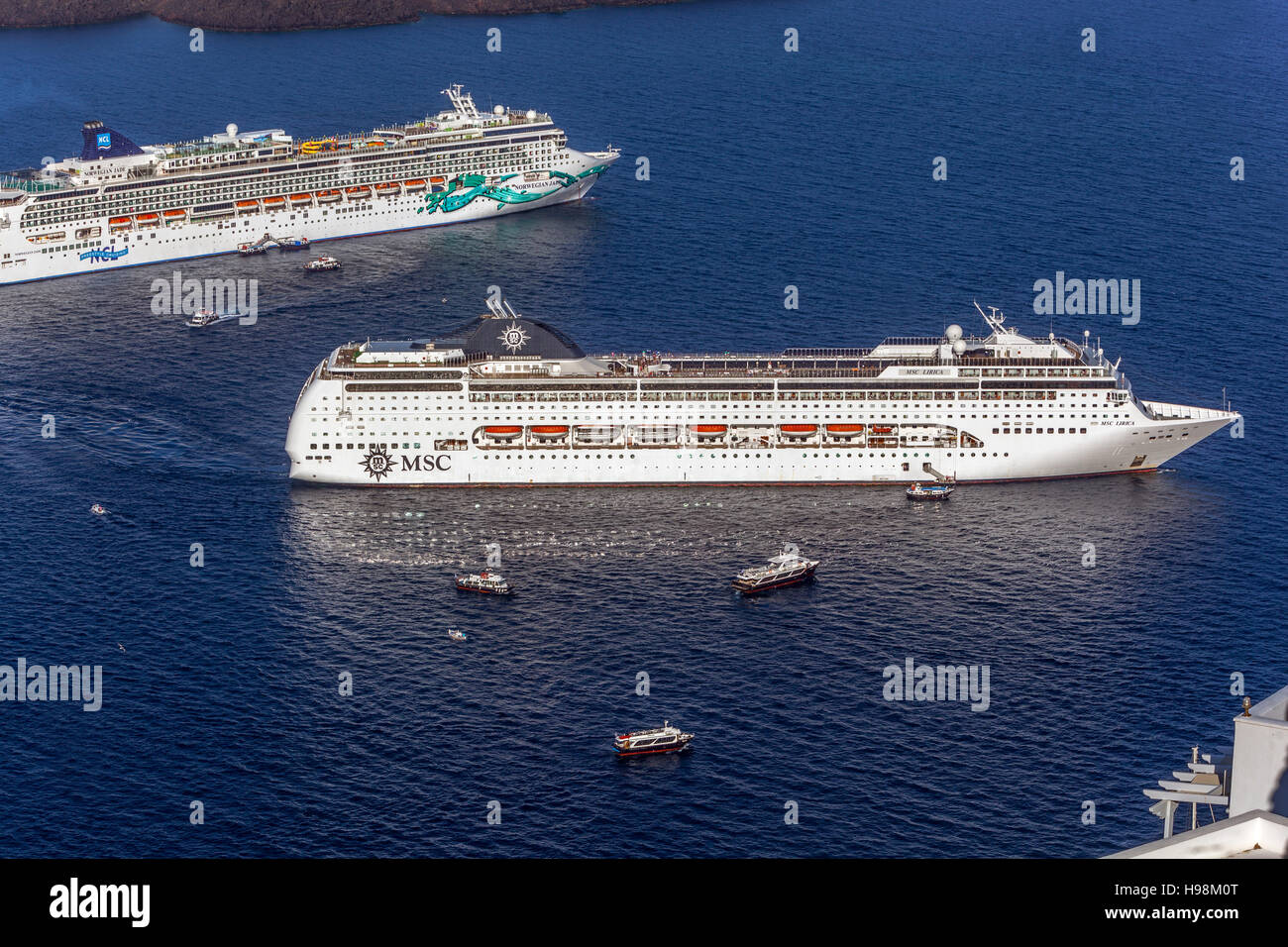 Cruises moored in the caldera, Santorini, Aegean Sea, Cyclades Islands, Greece Stock Photo