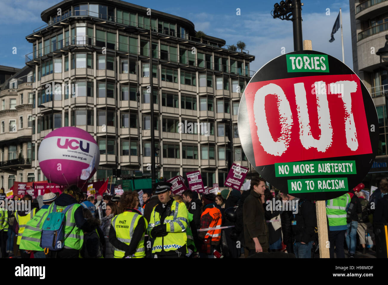 London, UK. 19th Nov, 2016. Thousands of students and academics take part in the national demonstration 'United for Education' organized by the National Union of Students (NUS) and the University and College Union (UCU) in central London. The demonstrators protest against the government's Higher Education Bill which will lead to tuition fee increases, marketization of universities, college closures and job insecurity. The activists call on the government to bring back scrapped grants and prioritise free, accessible and quality higher education for all. Credit:  Wiktor Szymanowicz/Alamy Live Ne Stock Photo