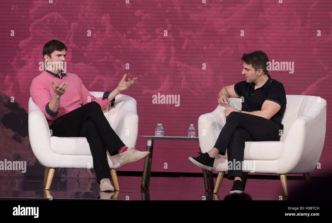 Los Angeles, California, USA. 19th Nov, 2016. Actor Ashton Kutcher and Co-Founder & Chief Executive Officer, Airbnb, Brian Chesky talk onstage at the 3rd Annual Airbnb Open Spotlight at The Orpheum Theatre on November 19, 2016 in Los Angeles, California. Credit:  The Photo Access/Alamy Live News Stock Photo