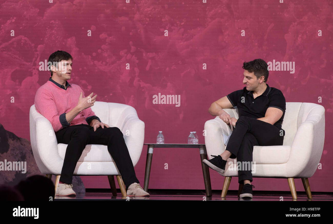 Los Angeles, California, USA. 19th Nov, 2016. Actor Ashton Kutcher and Co-Founder & Chief Executive Officer, Airbnb, Brian Chesky talk onstage at the 3rd Annual Airbnb Open Spotlight at The Orpheum Theatre on November 19, 2016 in Los Angeles, California. Stock Photo