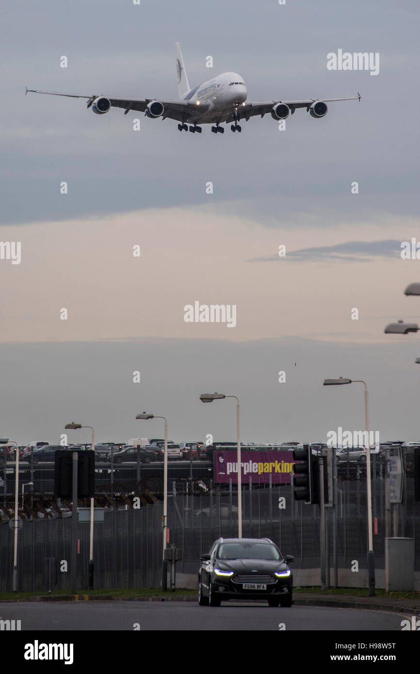 London, UK. 19th November, 2016. An Airbus A380 comes in to land at Heathrow. it is a double-deck, wide-body, four-engine jet airliner manufactured by European Union manufacturer Airbus. It is the world's largest passenger airline. Credit:  Guy Bell/Alamy Live News Stock Photo