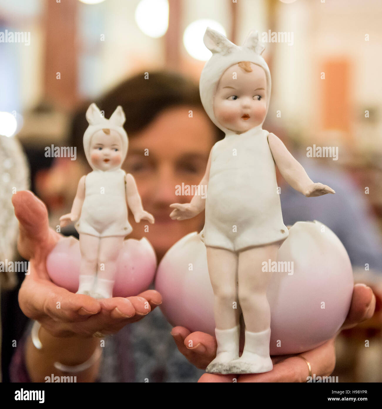 London, UK.  20 November 2016. German Heubach Easter themed bisque (unglazed china) eggs are shown.  Collectors attend the inaugural London International Antique Doll, Teddy Bear and Toy Fair at Kensington's Olympia where dealers from around the world are presenting for sale rare and collectable dolls, teddy bears and toys from 1750-1950. Credit:  Stephen Chung / Alamy Live News Stock Photo