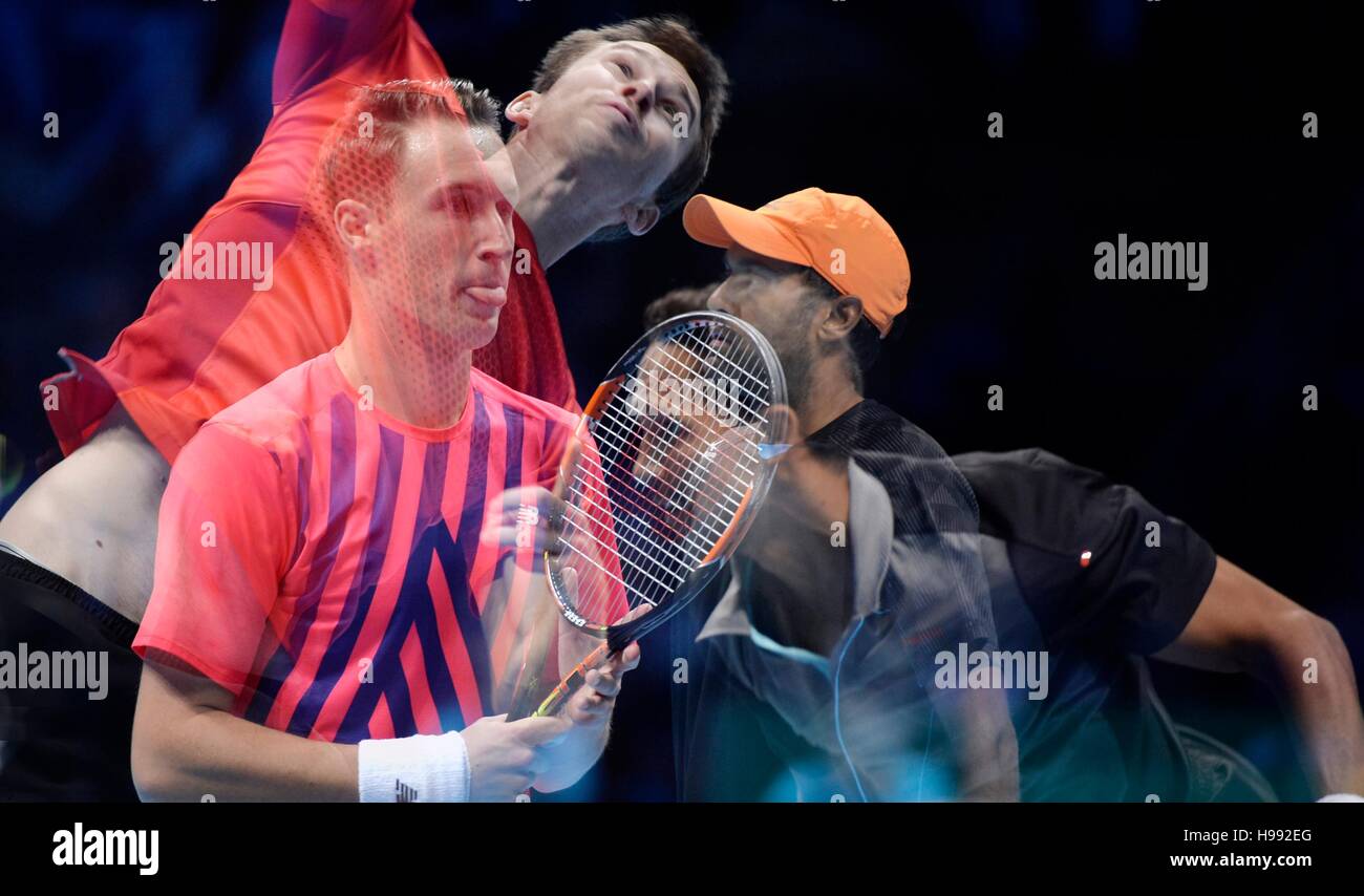 London, UK. 20th Nov, 2016.  (EDITORS NOTE: Multiple exposures were combined in camera to produce this image) ATP World Tour Finals at O2 Arena London UK Doubles Final Henri Kotinen Finland and John Peers Australia vs Raven Klassen South Africa and Rajeev Ram USA. Credit:  Leo Mason/Alamy Live News Stock Photo