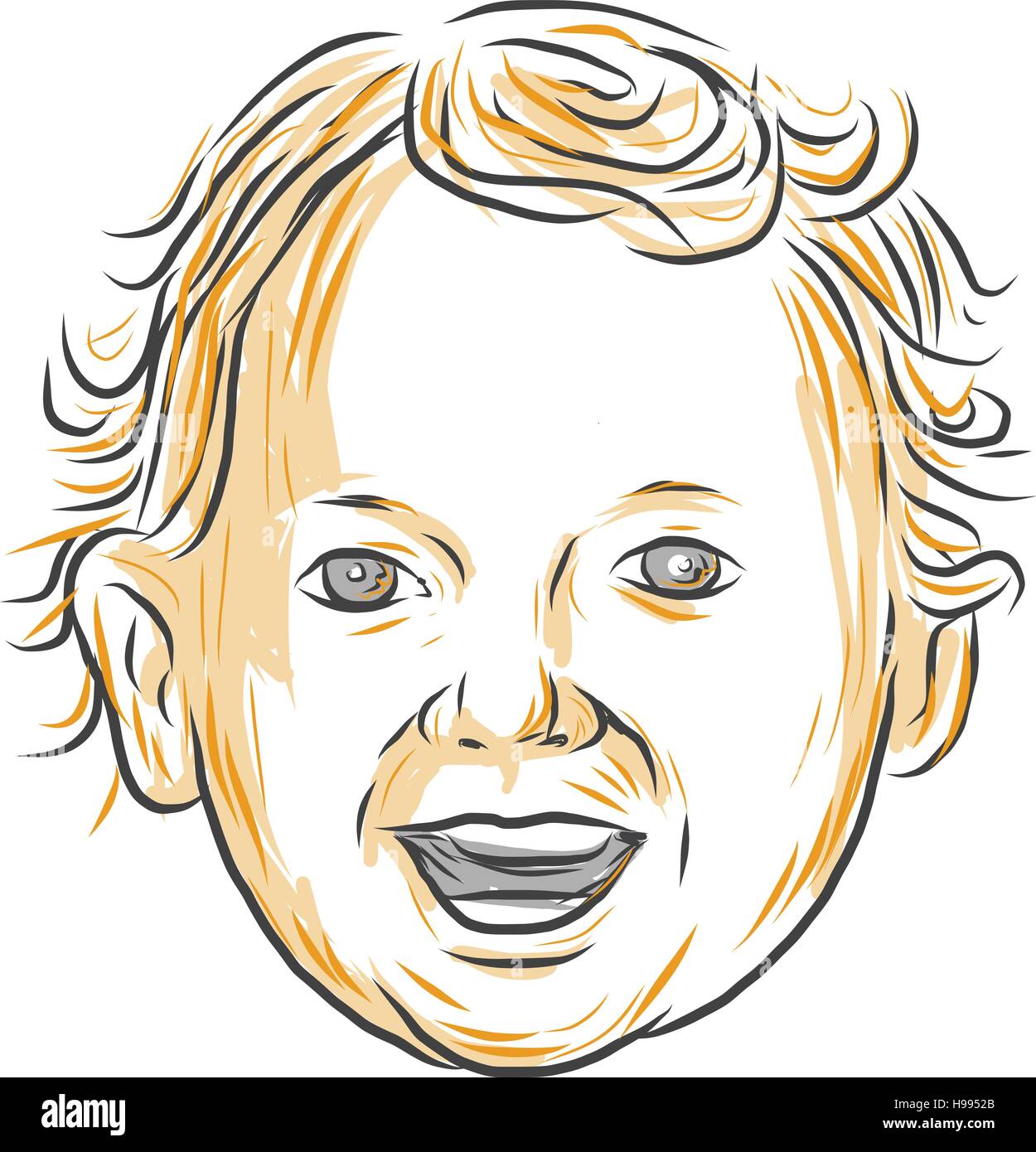 Drawing sketch style illustration of a Caucasian toddler, aged 1 to 3 years old with curly hair smiling viewed from front set on isolated white backgr Stock Vector