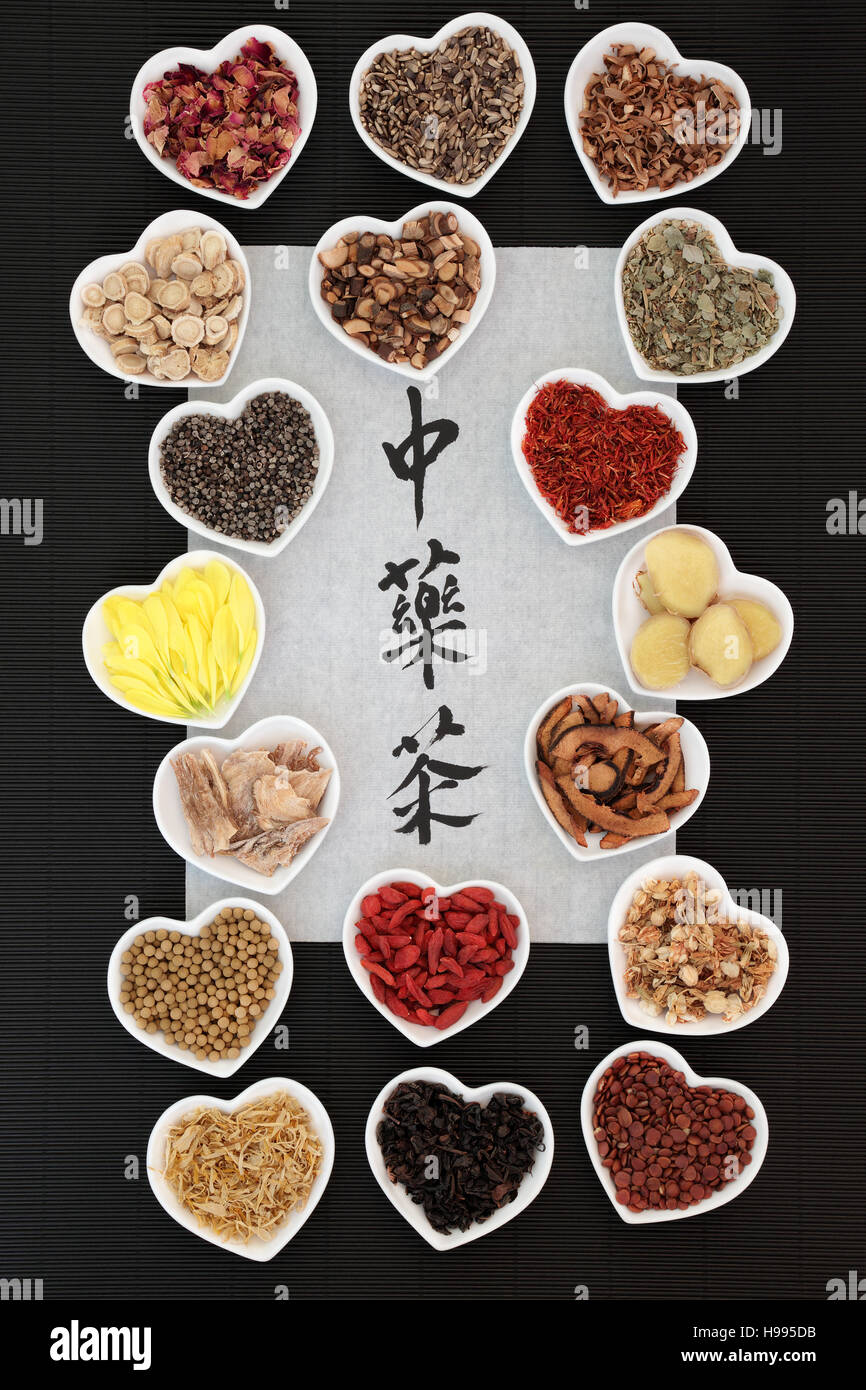 Chinese herbal tea collection with calligraphy on rice paper, teas also
