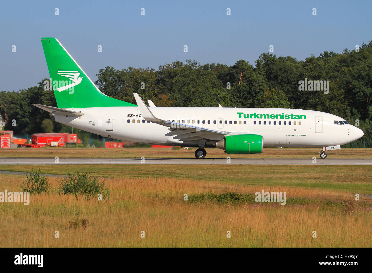 Frankfurt/Germany july 4, 2012: Turkmenistan Boeing 737 at Frankfurt Airport. Stock Photo